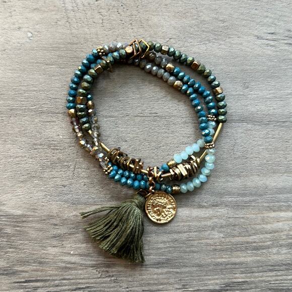 Tasseled Charm Bracelet Teal Brown Gold Coin Fashion Costume Boho - Picture 1 of 3